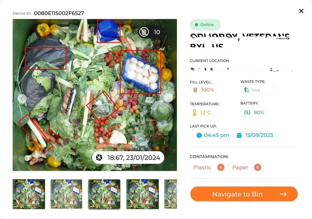 VisnLine detecting contaminants in a food waste bin in SmartEnds OS