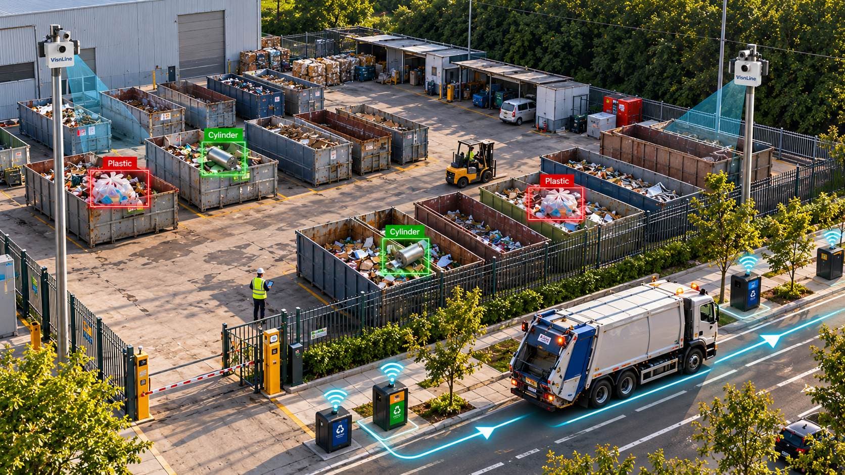 VisnLine AI cameras and BrighterBins sensors monitoring a waste yard and collection route