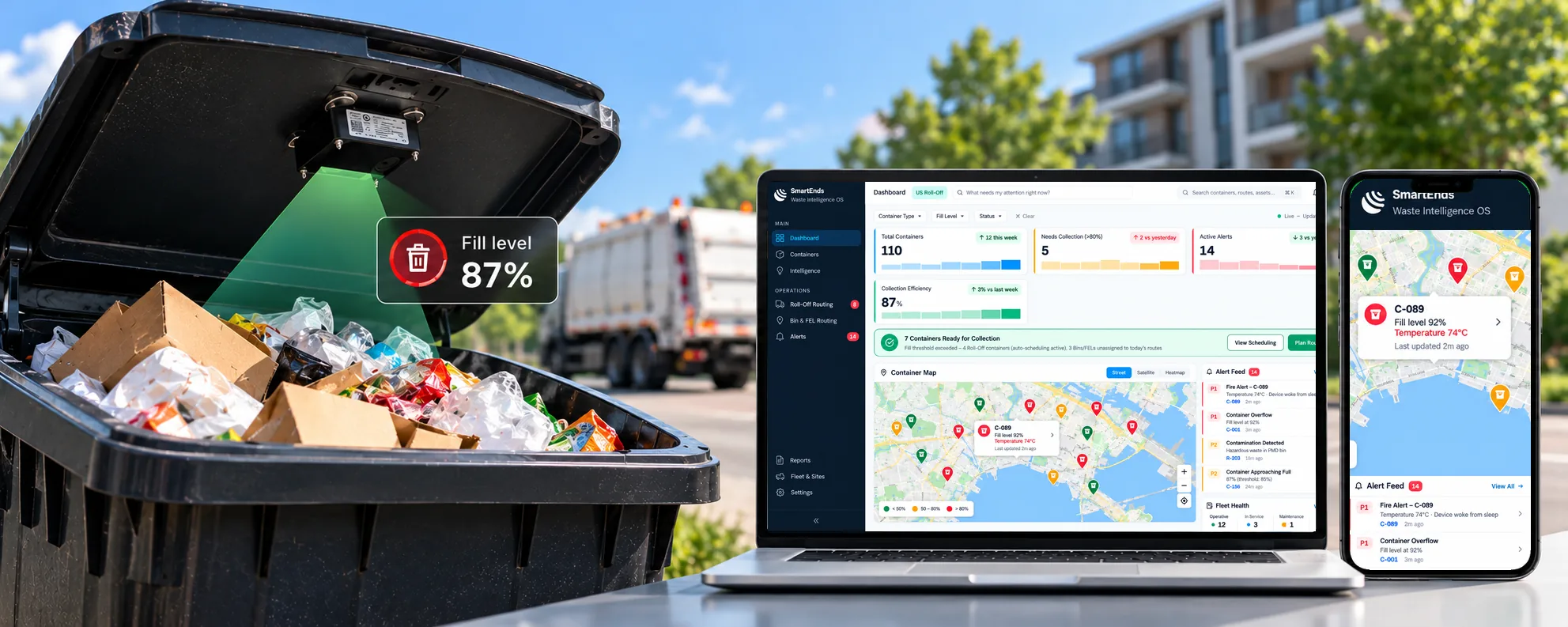 BrighterBins sensor under a bin lid reporting 87% fill level, with collection routes on laptop and phone