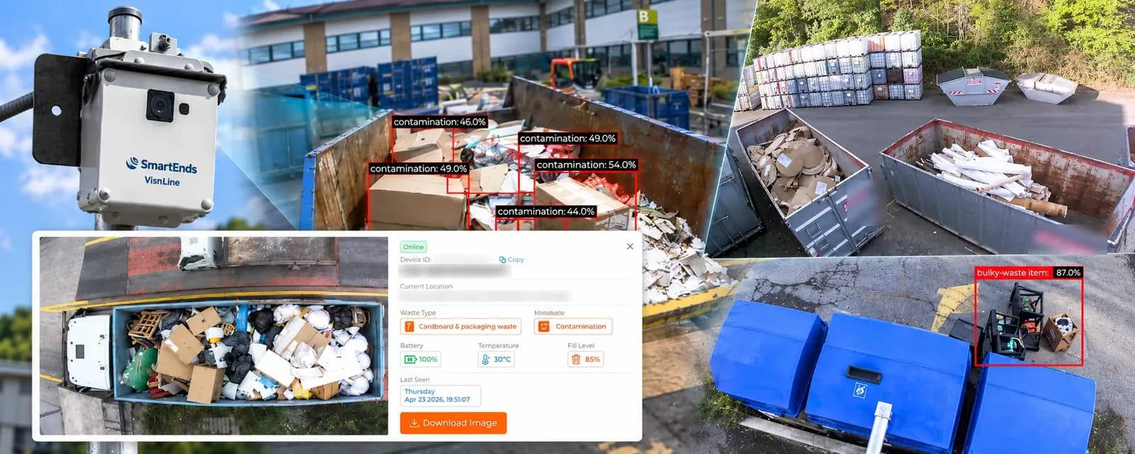 VisnLine AI camera mounted on a pole above roll-off containers, with AI contamination detections and the SmartEnds OS camera view
