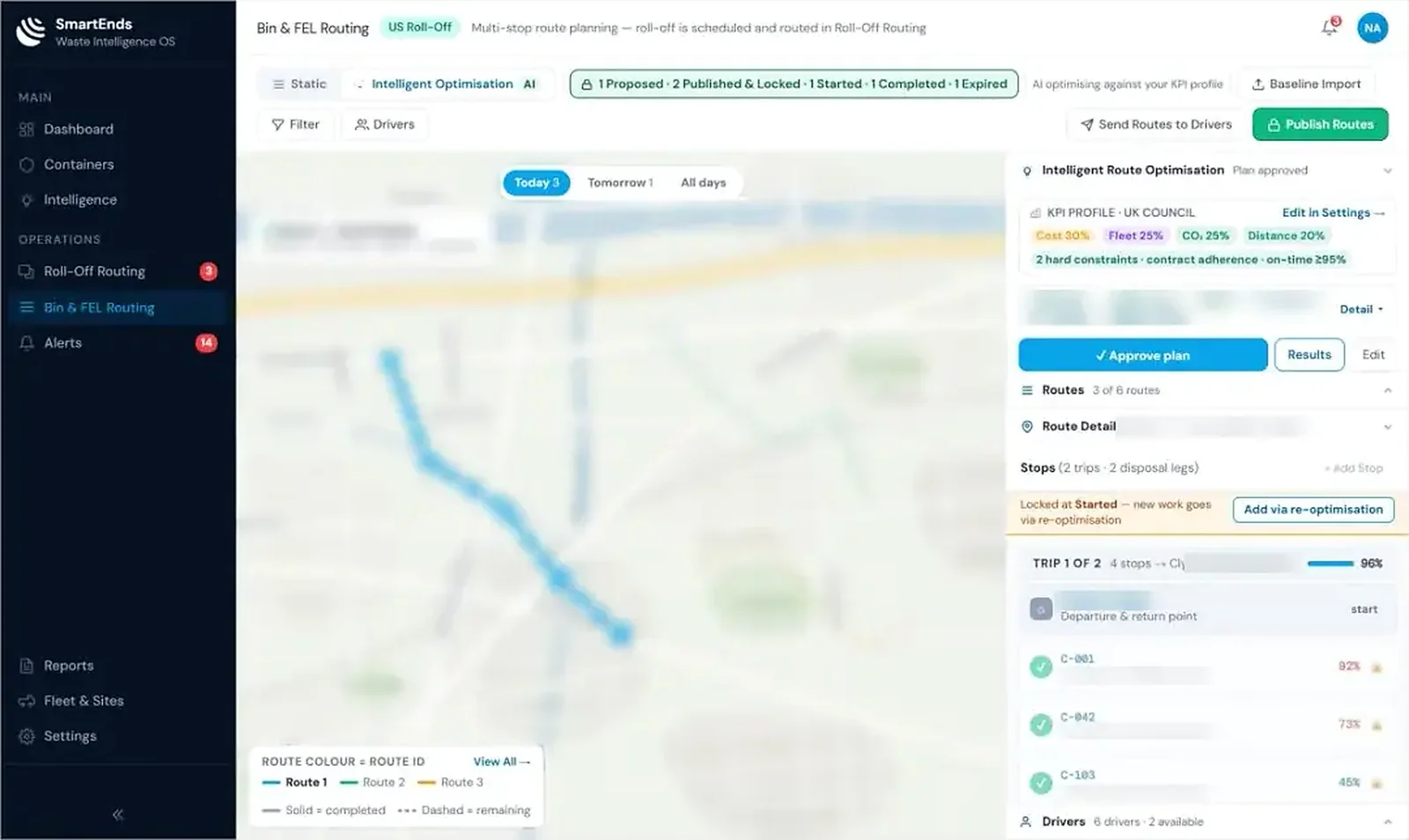 SmartEnds OS Bin & FEL Routing page with a planned multi-stop route, intelligent route optimisation panel and the Approve plan button