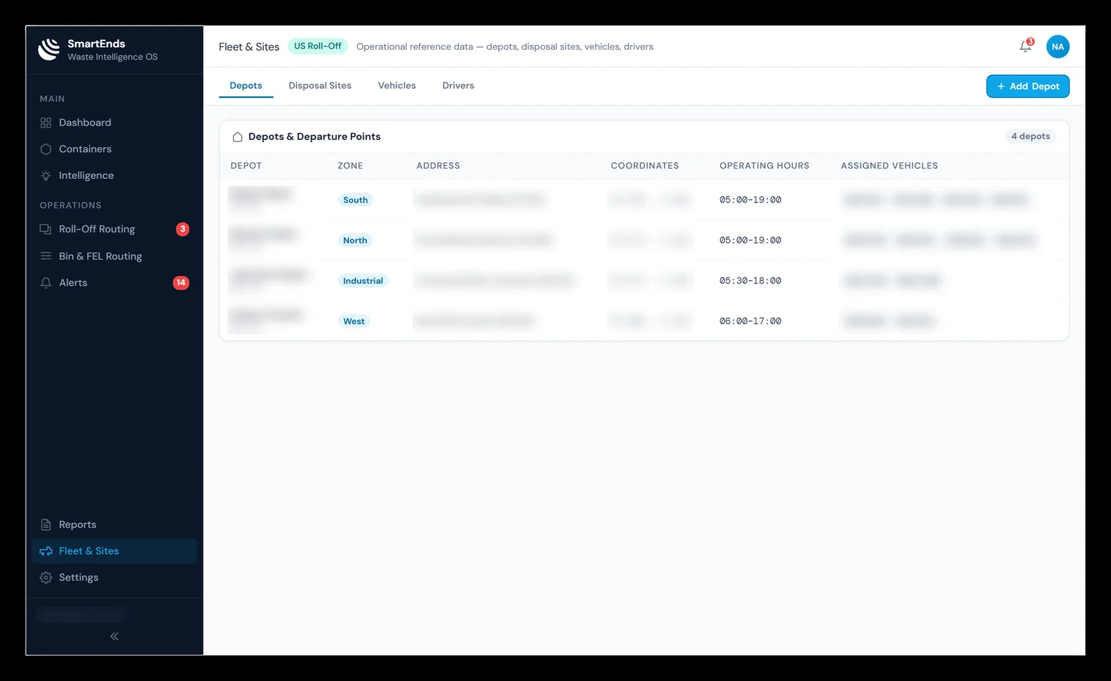 SmartEnds OS Fleet & Sites page listing depots and departure points with zones, operating hours and assigned vehicles