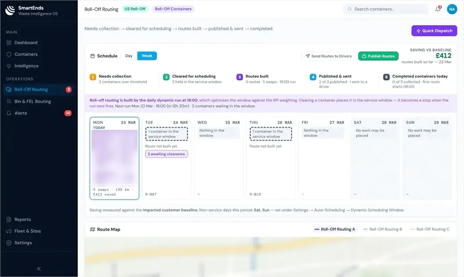 SmartEnds OS Roll-Off Routing page with the five-step flow, a weekly schedule of service windows and the Quick Dispatch button