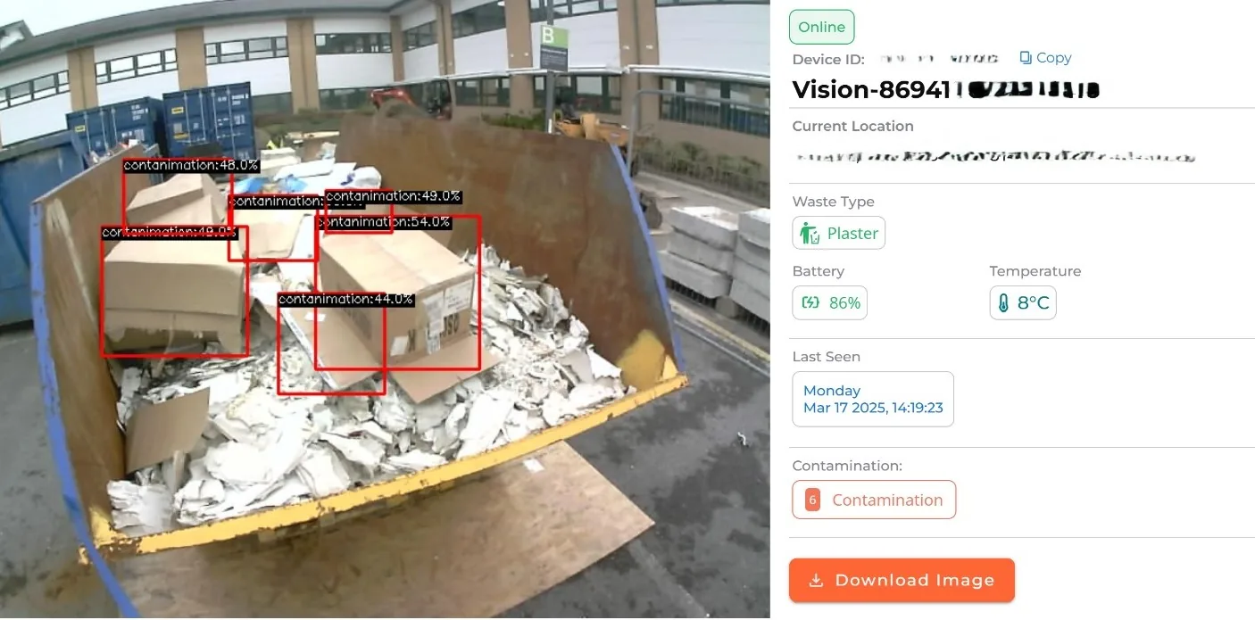 VisnLine flagging cardboard in a plaster waste container in SmartEnds OS