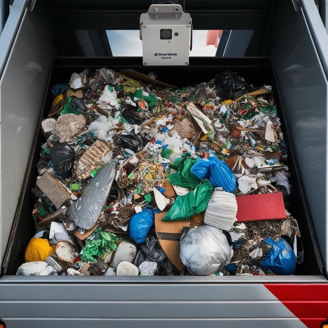VisnLine camera mounted above an open container of mixed waste