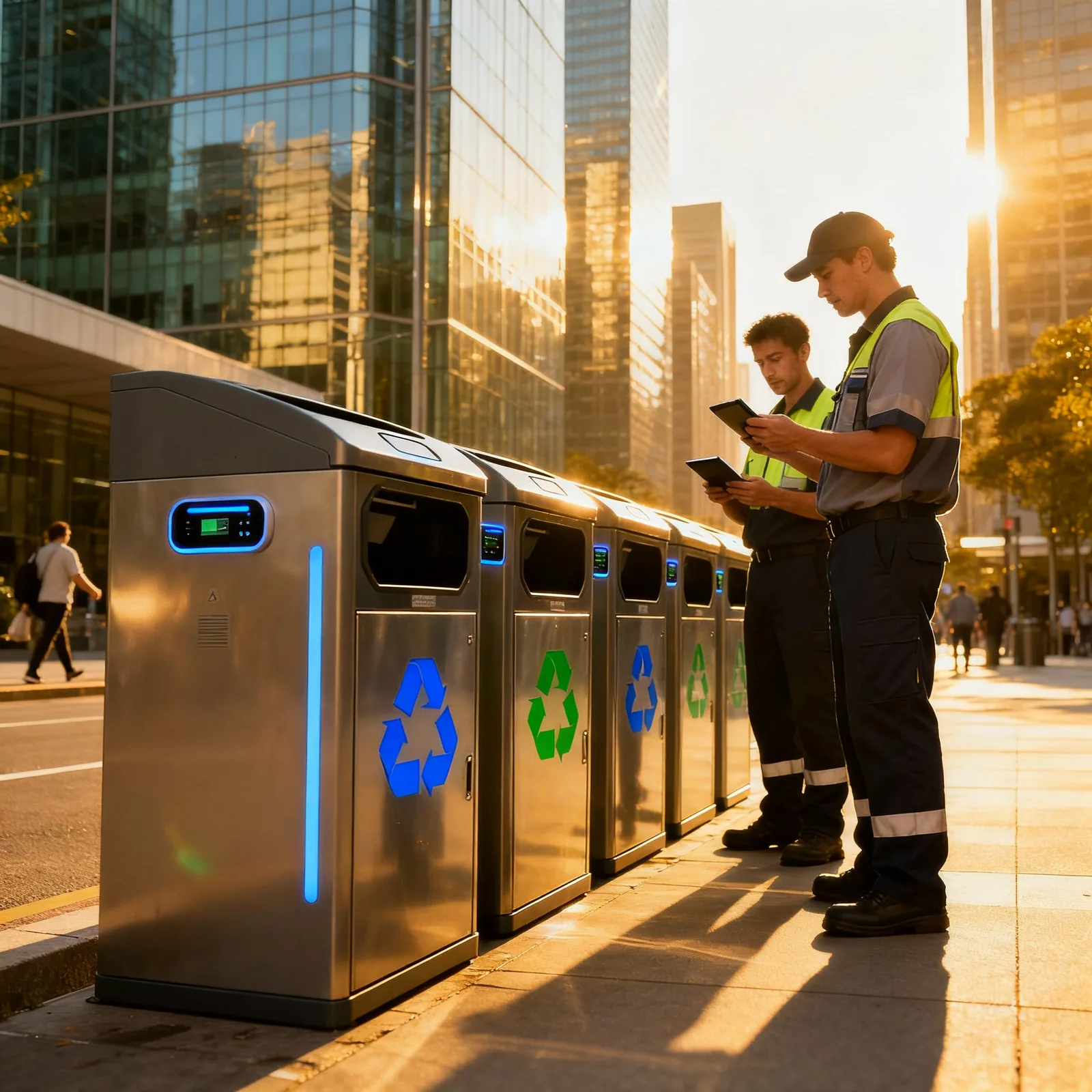 Two operatives checking smart bins on a city street