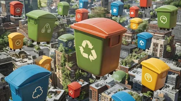 Illustration of colourful recycling bins above a city