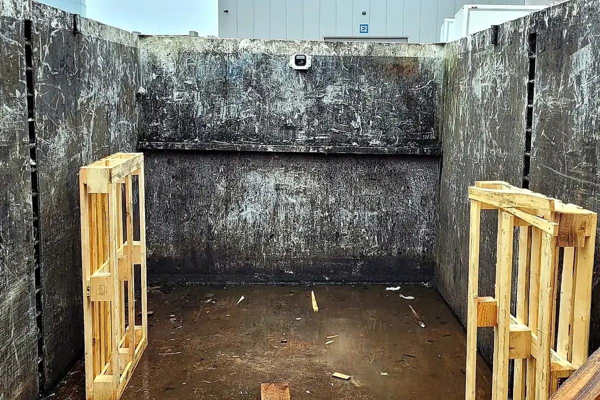 VisnLine AI camera mounted inside an empty roll-off container to monitor fill level